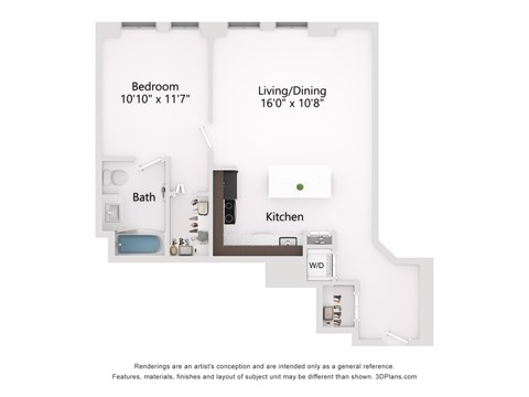 Floor plan for 1 bed, 1 bath, 700 sqft